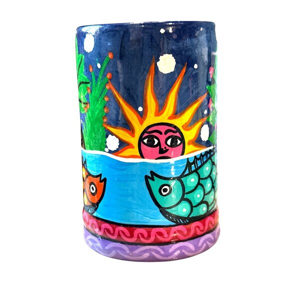 Hand Painted Sun Moon Fish Folk Art Mexican Style Celestial Fish Sun Moon Vintag - Picture 5 of 8